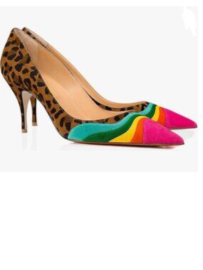 FOWT Leopard-rainbow High Heel Pointed Toe Pump Slip-on Rainbow Shoes for Dress
